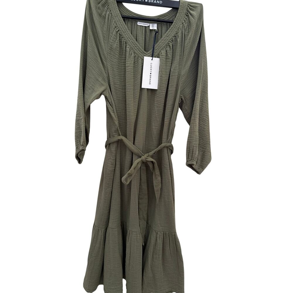 Lucky Brand Midi Dress Women's Size Medium Olive Green 100% Cotton NEW Cottage